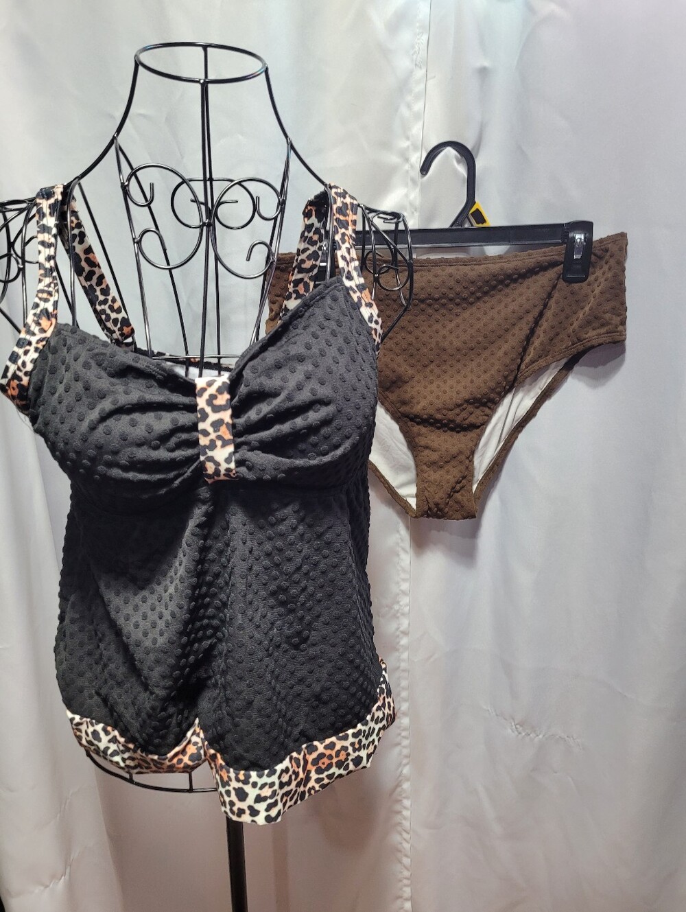Amazon Black Textured Tankini with Leopard-Trim and Brown Bottoms